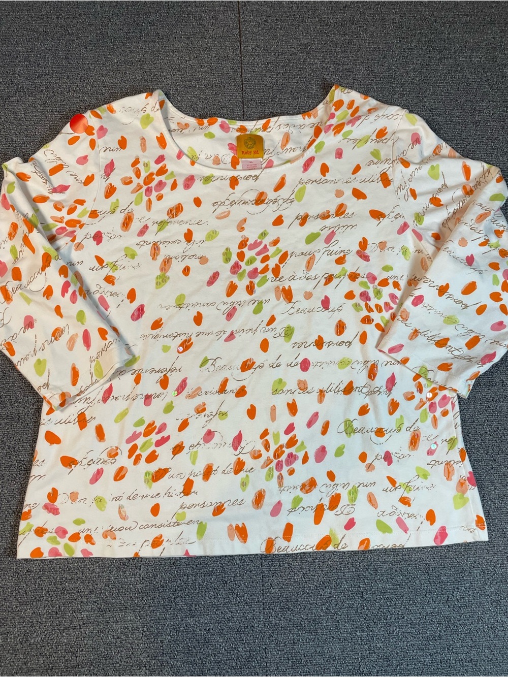 Ruby Rd. White LSTee with French, Light Sequin Motif